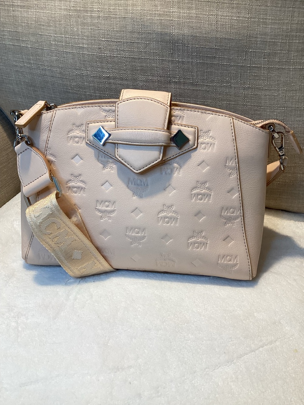 MCM Pale Pink Embossed Essential Leather Shoulder Bag with Detachable Strap